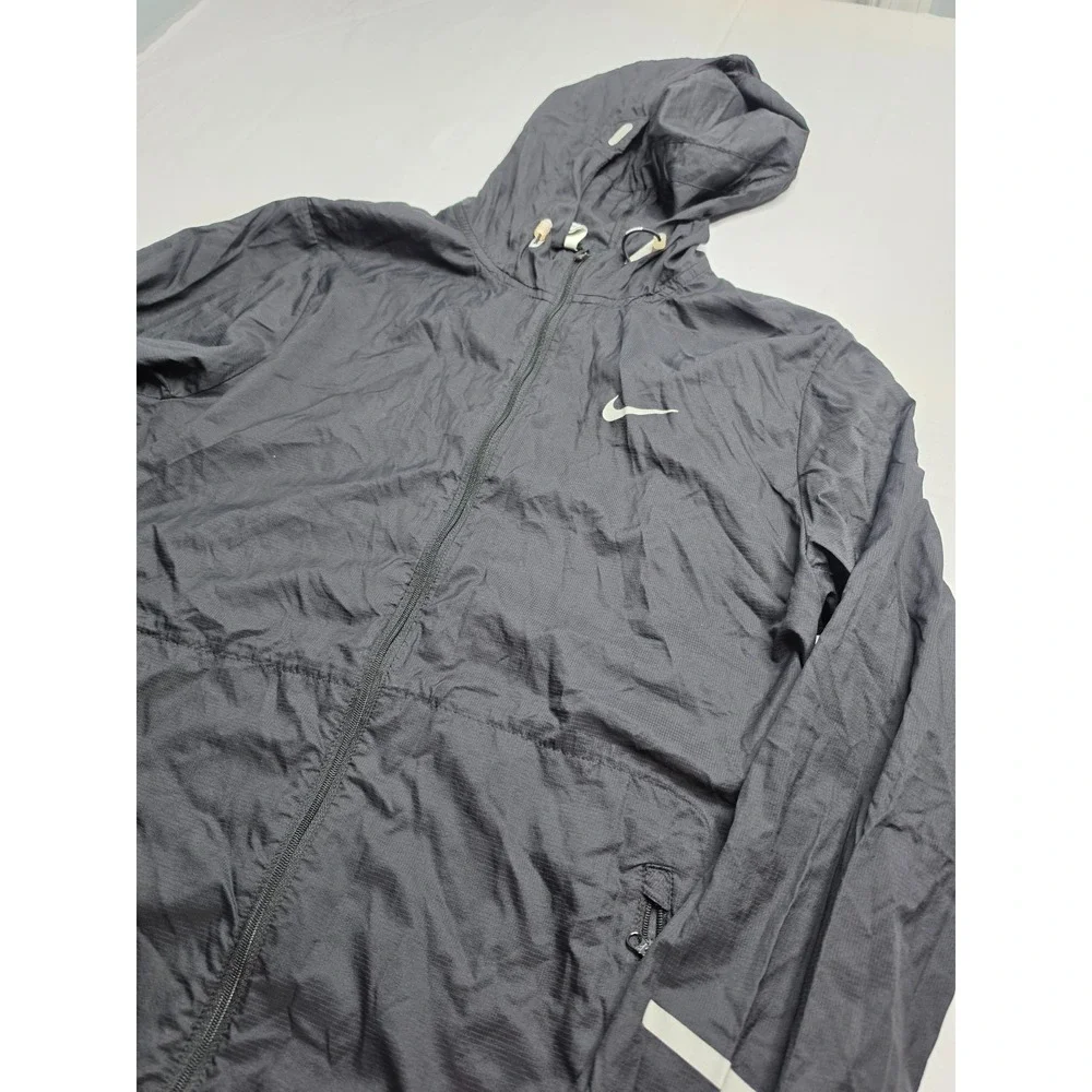 Nike Running Jacket Men's Medium Black Nylon Ripstop Hooded Full Zip Athletic